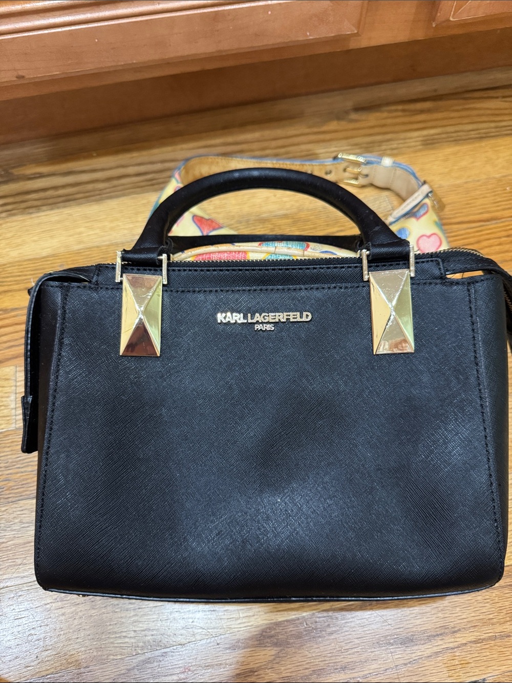Karl Lagerfeld Black Top-Handle Satchel with Gold Accents